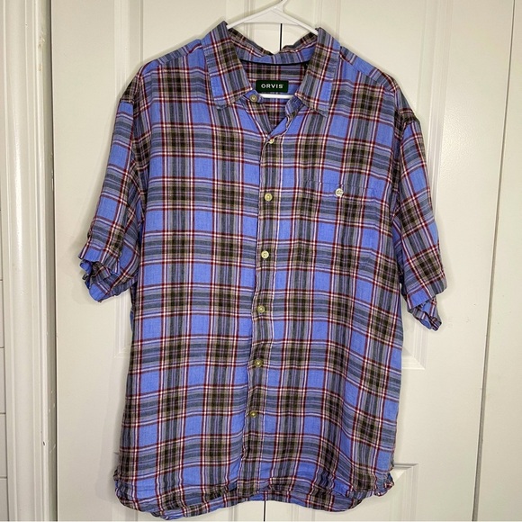 Orvis Blue Red Plaid 100% Linen Size Large Button Up Short Sleeve Men’s Summer - Picture 1 of 7